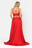 PR8652 Soft Satin, with a Rhinestone Belt Spaghetti Corset Lace Up Back Gown