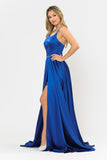 PR8652 Soft Satin, with a Rhinestone Belt Spaghetti Corset Lace Up Back Gown